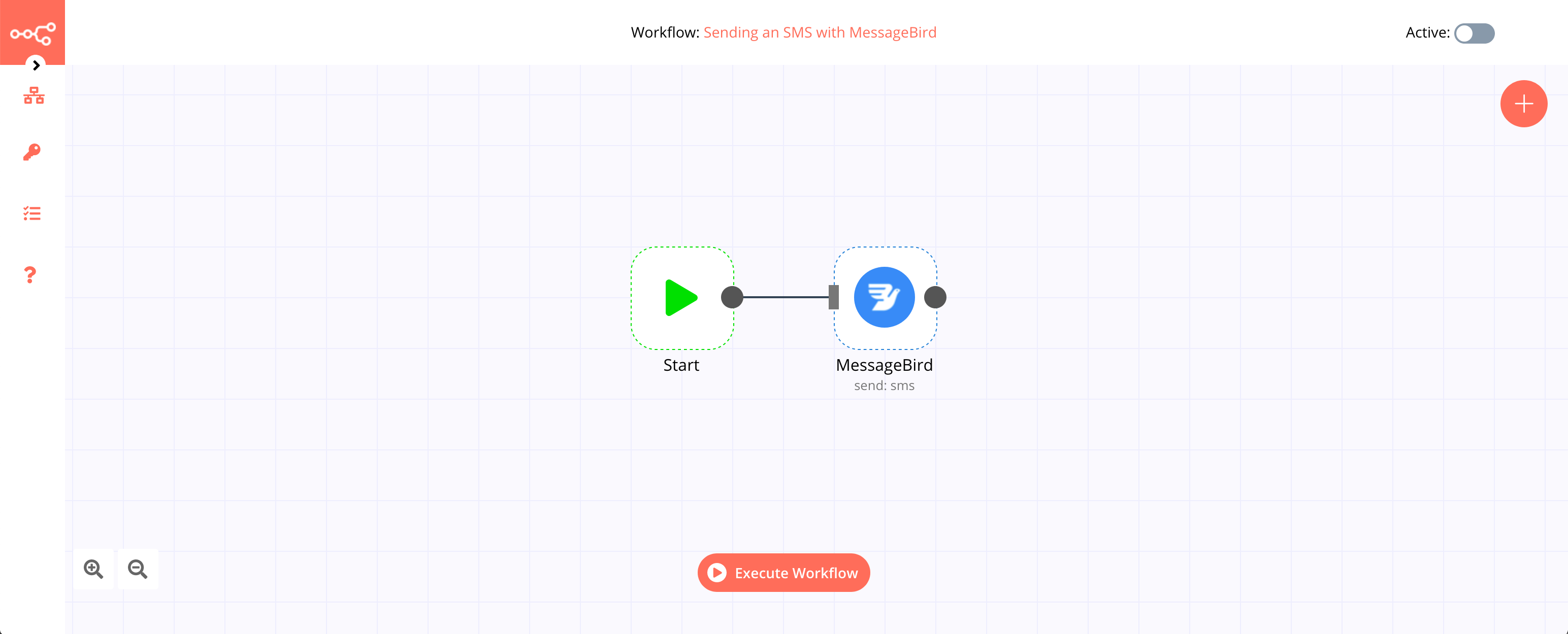 A workflow with the MessageBird node