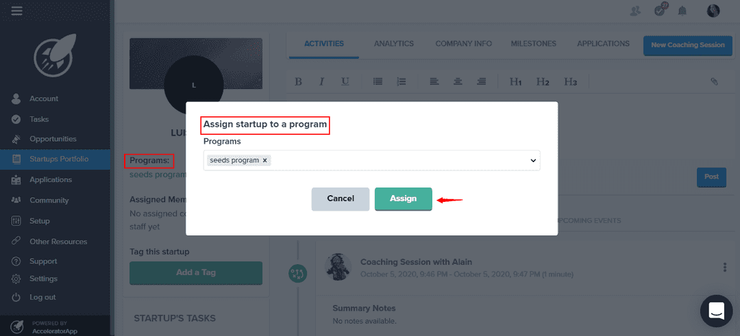 Assign startup to a program - startup profile