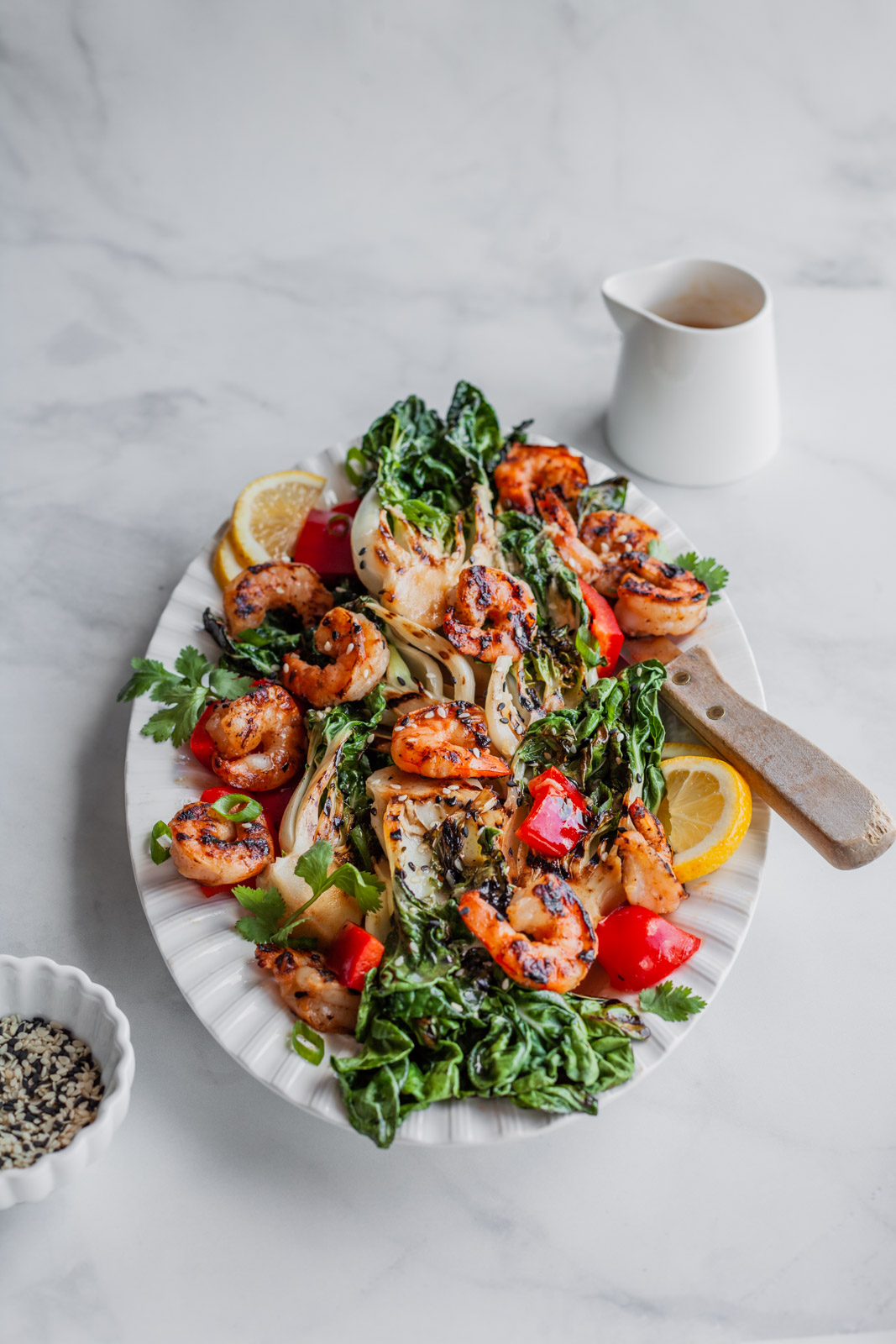 Grilled Bok Choy And Shrimp Salad With A Sesame Soy Miso Dressing
