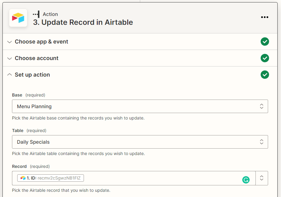 Screenshot of Zapier Airtable update record action with metadata linked