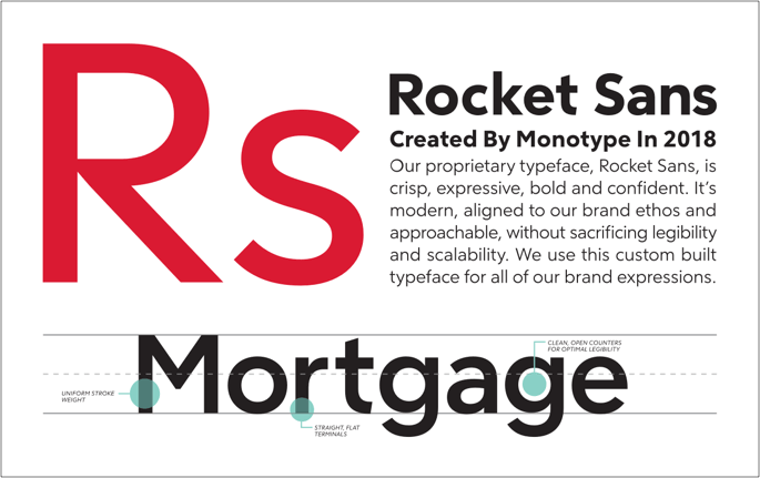 Rocket Sans, created by Monotype in 2018. Our proprietary typeface, Rocket Sans, is crisp, expressive, bold and confident. It's modern, aligned to our brand ethos and approachable, without sacrificing legibility and scalability. We use this custom built typeface for all of our brand expressions.