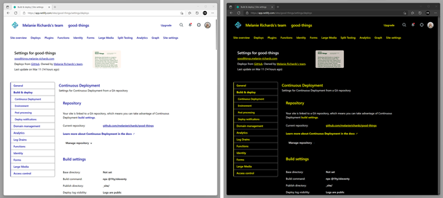 The Netlify page rendered in both a high contrast black-on-white theme, and a black-on-white theme