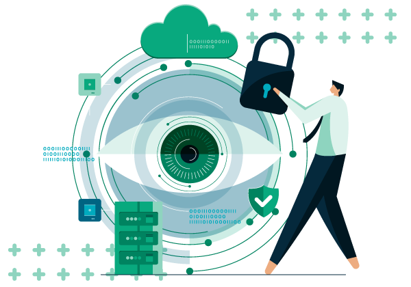 An illustration in green of an eye open inside of a green circle with blue transparent elements. An individual is placing a large lock next to the eye on the top right side. There is a green cloud hanging over the eye. There is also a green shield with a checkmark in lower right corner next to the eye. There are also small boxes on curved lines surrounding the eye, and in the lower left is a green tower full of servers. There are green plus elements in the lower left and top right surrounding the graphic.