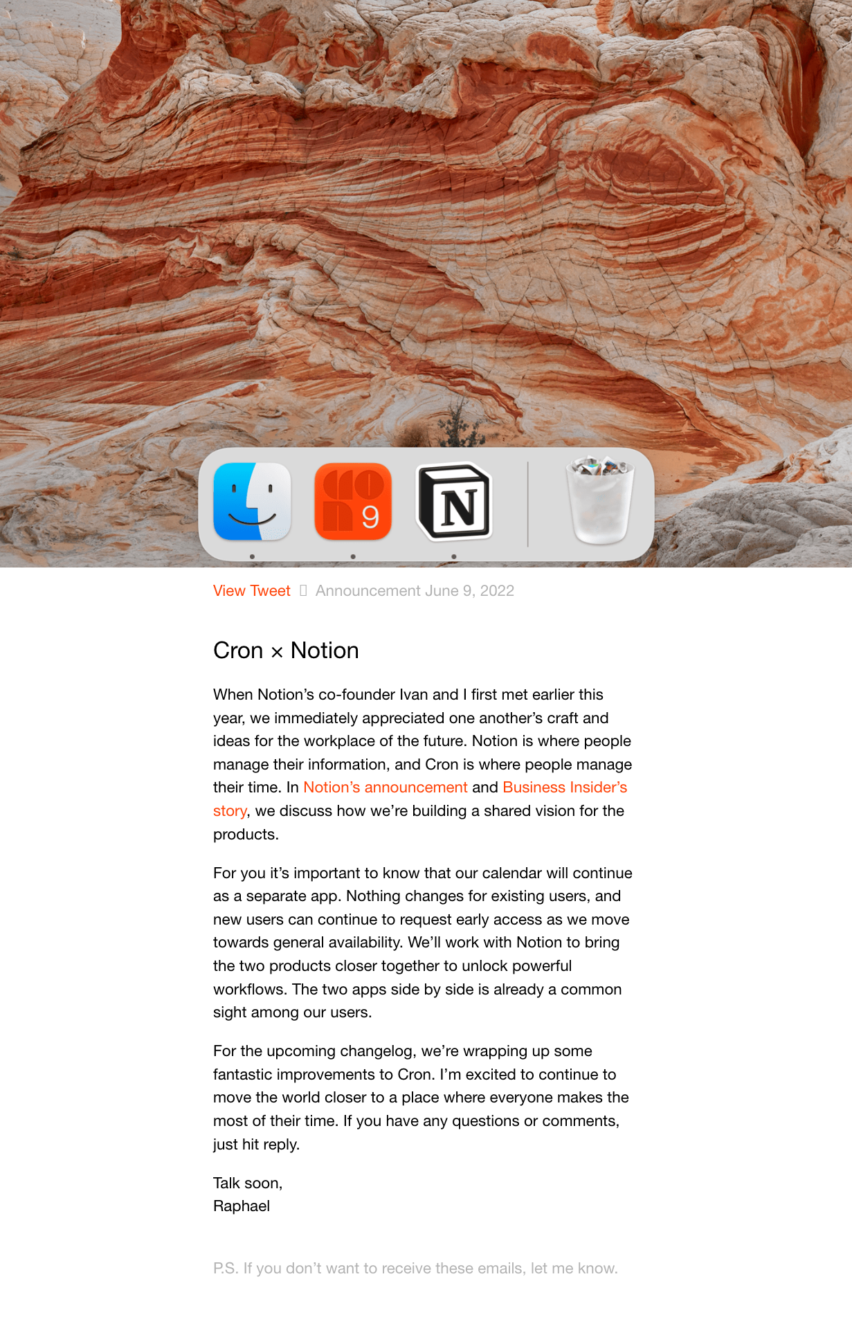 SaaS Company Acquisition Announcement Emails: Screenshot of Cron's announcement email when they got acquired by Notion