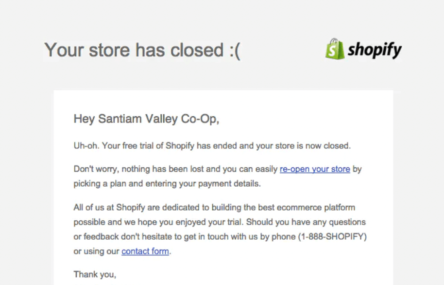 SaaS Trial Expiration Emails: Screenshot of trial expiration email from Shopify