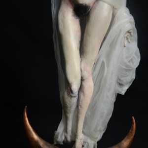 kristina makarova from playboy ukraine isnpired this fine arts sculpture with a religious gothic art undertone, reminding of afrench Madonna in veil and cape, also known as the Virgin Mary, made a real sensual woman with feelings of angst, ballerina gracious feet in her middle age, the fruit of life itself.