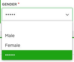 A screenshot of a dropdown for "Gender*" with selectable options for "Male", "Female", and "•••••"