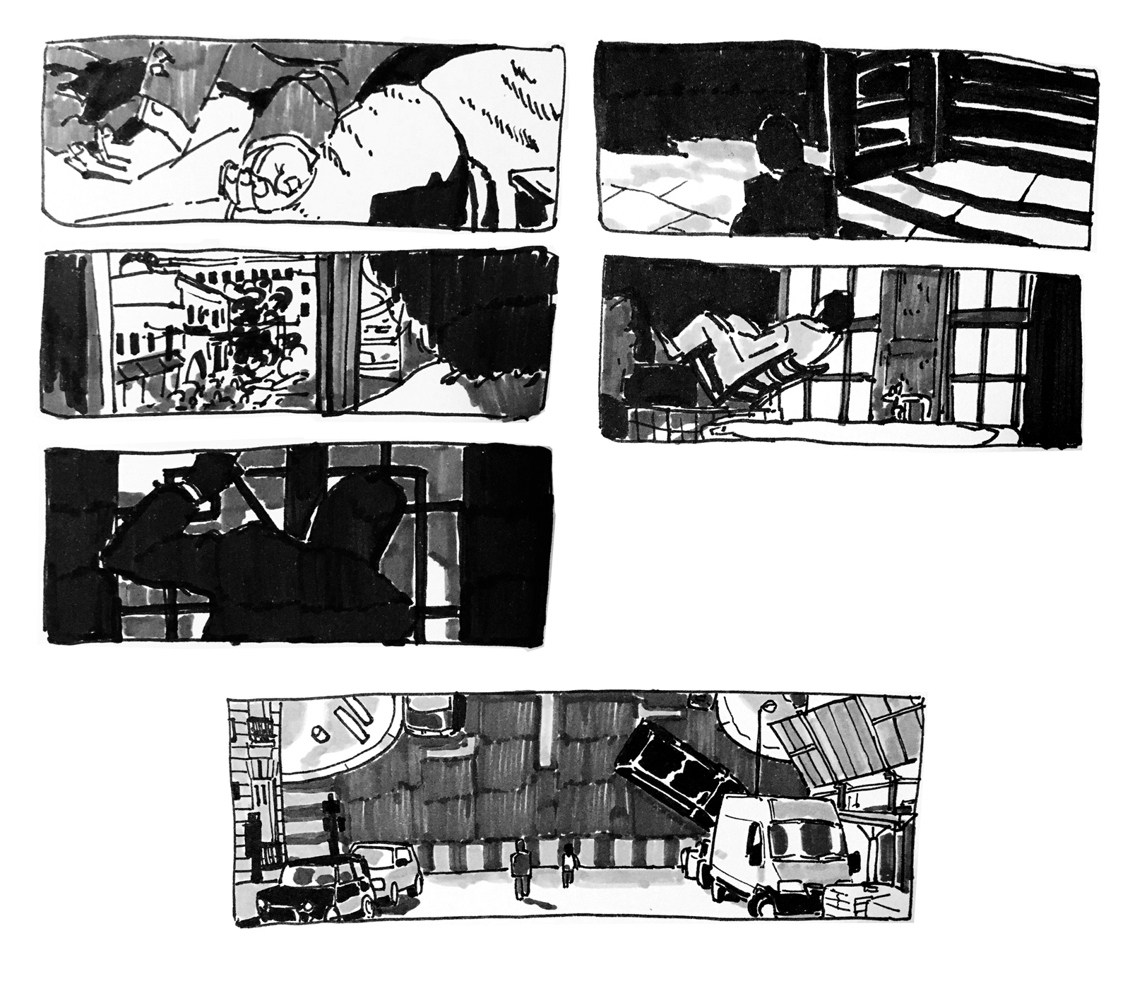 Ink studies, six frames. #1: A closeup of a figure’s hands, lying on a bed. #2: Someone looking out the window to a chaotic street. #3: A silhouette of a man in front of a window, holding something. #4: A shadowed figure at the bottom of some steps. #5: A man sitting in a chair, tipping backwards into a bathtub. #6: Two figures on a street that’s folded into a 90 degree angle towards them.