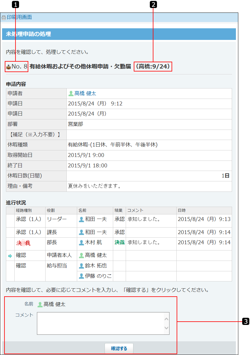 処理者に表示される申請データの詳細画面を説明する番号付き画像