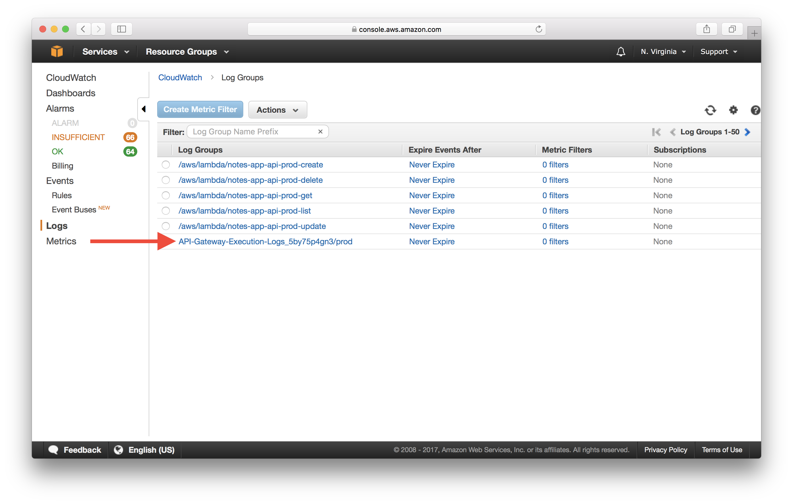 Select CloudWatch API Gateway Log Group Screenshot