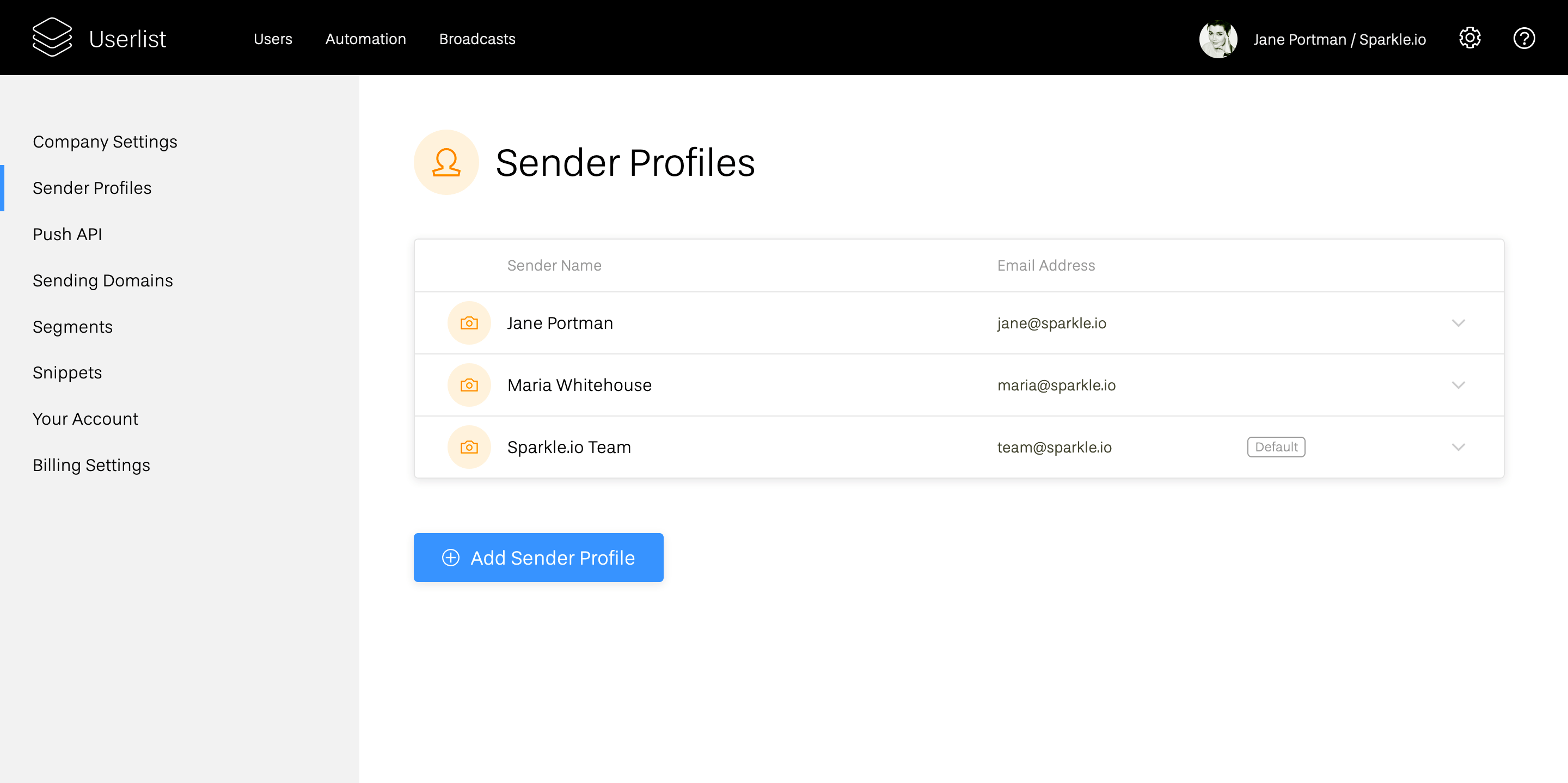 Screenshot of sender profiles page on Userlist