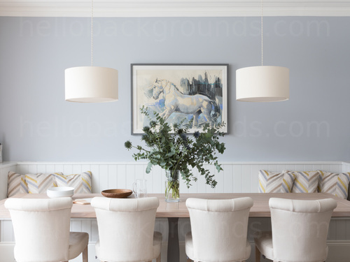 Tidy, symmetric and sophisticated dining room with ornate white fabric furniture theme Zoom background