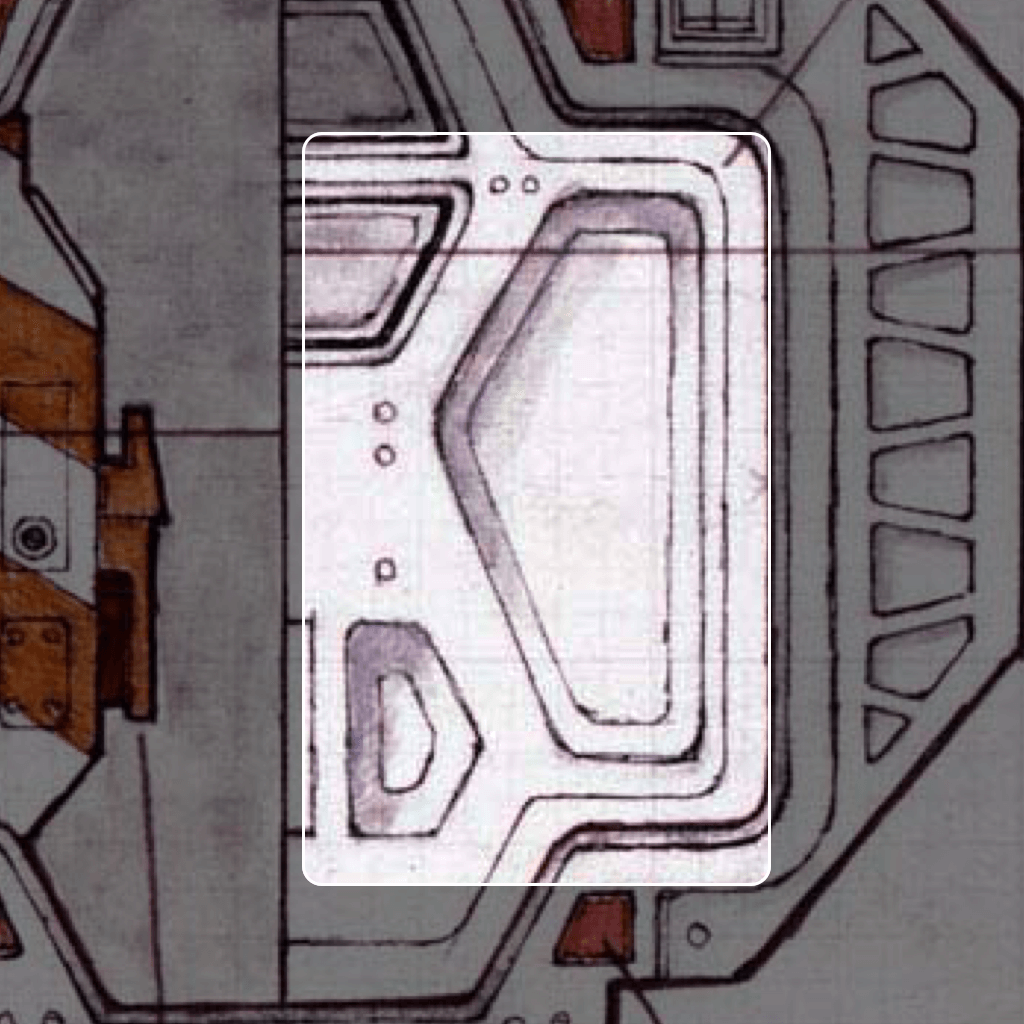 Part of the bulkhead door sketch from Ron Cobb. In the middle a part of the outer door is highlighted, showing parts of it inset into the surface.