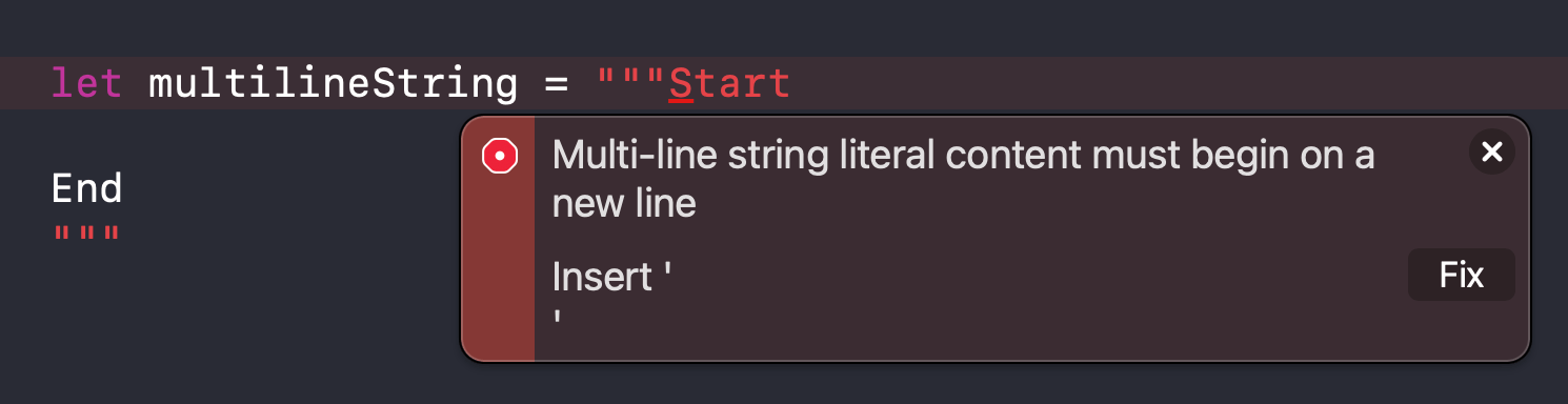 Multi-line string literal content must begin on a new line.