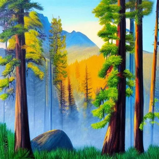 A dramatic painting of Yosemite mountain scenery full of trees, forest, warm, summer