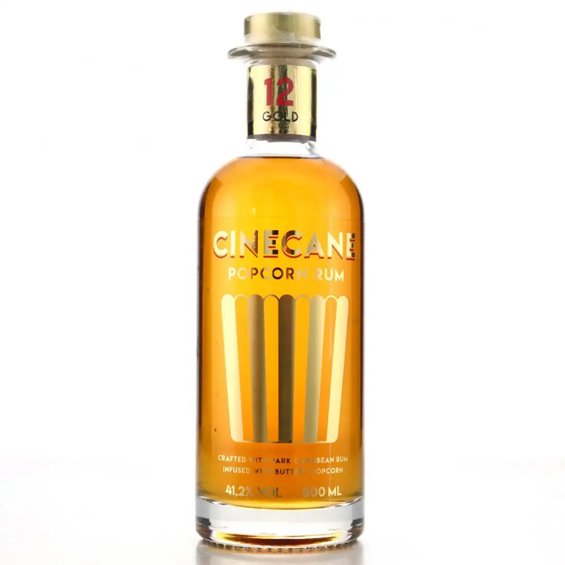 Image of the front of the bottle of the rum CINECANE Popcorn Rum Gold