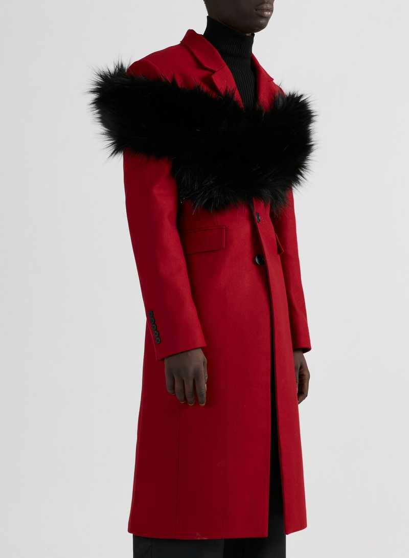 Basam Coat Red with Black Stole, side view. GmbH AW22 collection.