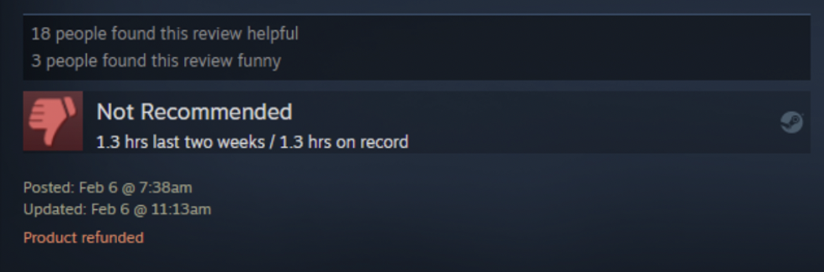 Steam Review After Game Was Refunded