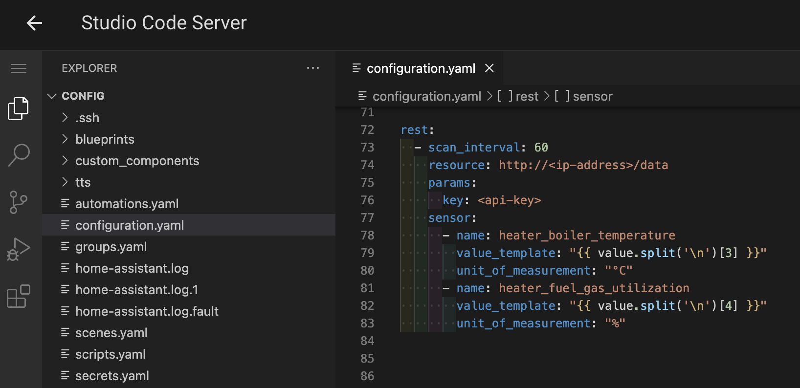 Editing the configuration.yaml file using the integrated Visual Studio Code Server