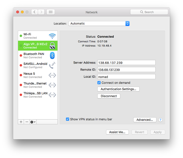 control your vpn server from the network settings on your mac
