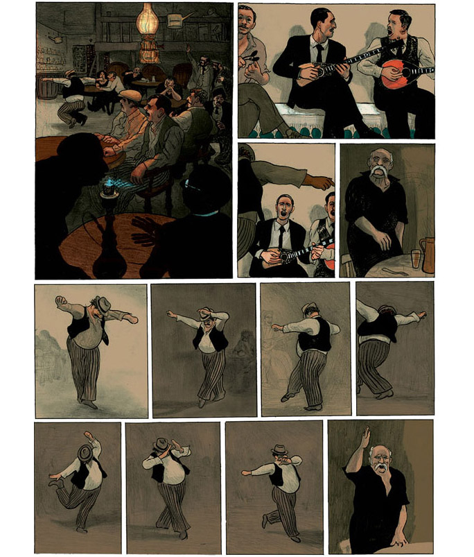 sample pages from the graphic novel depicting greek musicians dancing in a taverna