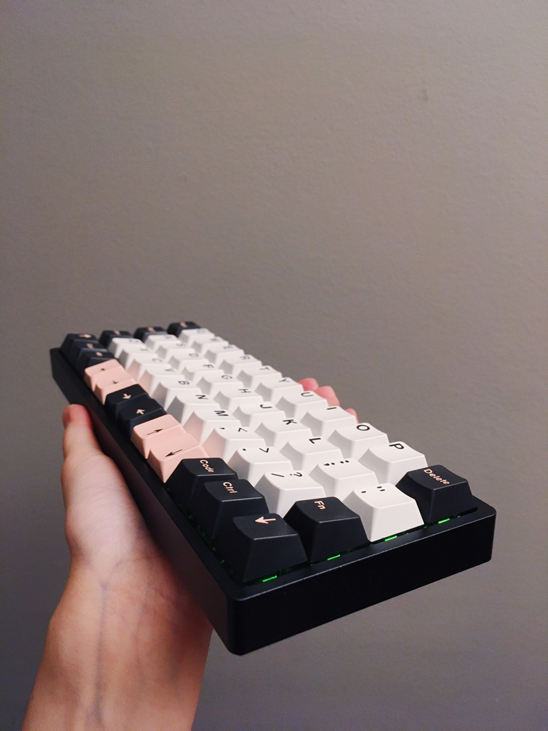 Angled photo of the board, showing how the middle bottom keys are flipped.