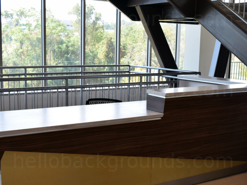 Modern reception desk in front and below of staircases with large windows with tree views behind Zoom background