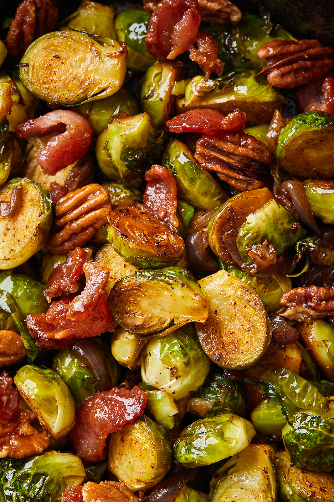 Roasted Brussel Sprouts With Candied Pecans and Bacon