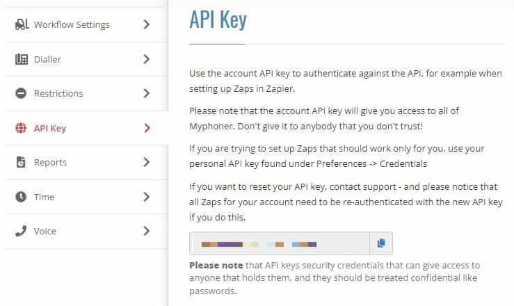 Retrieving your API key in Myphoner