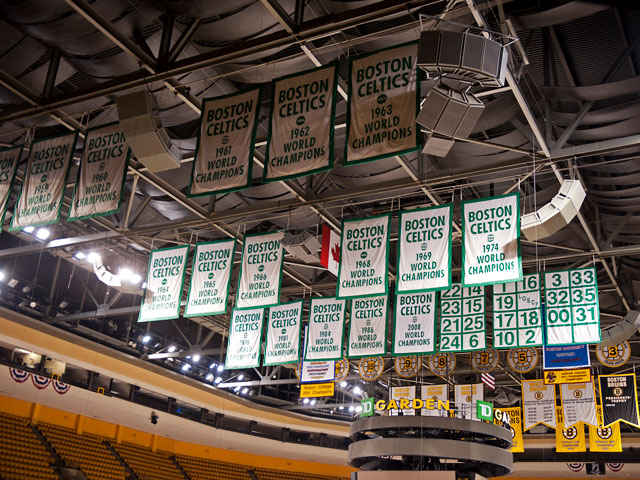 A view of the Bruins and Celtics Championship Banners in the Boston Garden