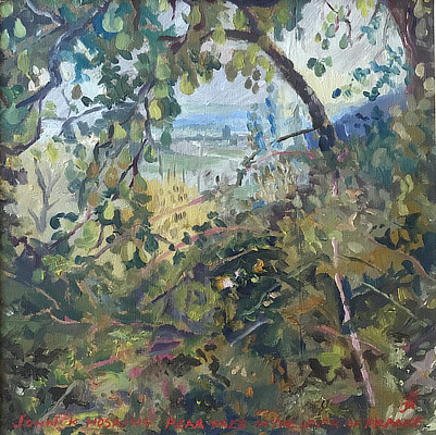 painting of tree foliage with landscape behind