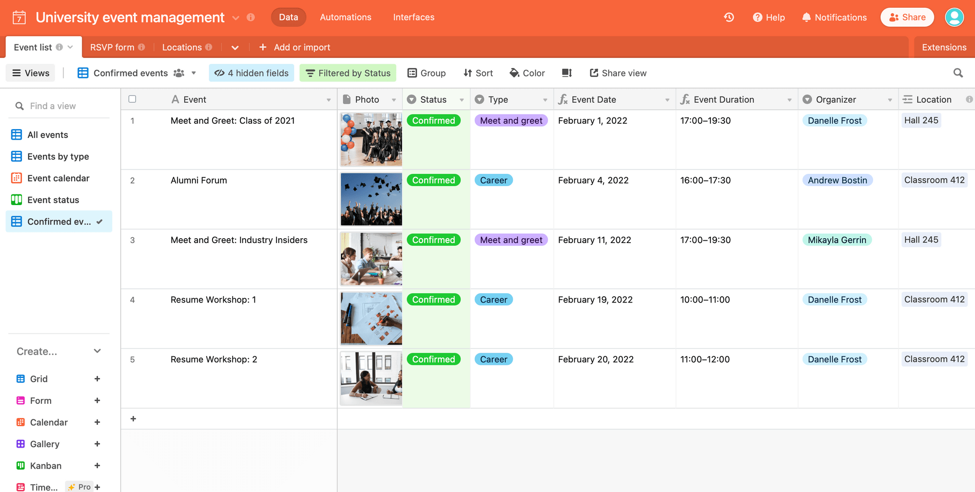 Screenshot of Airtable confirmed events view