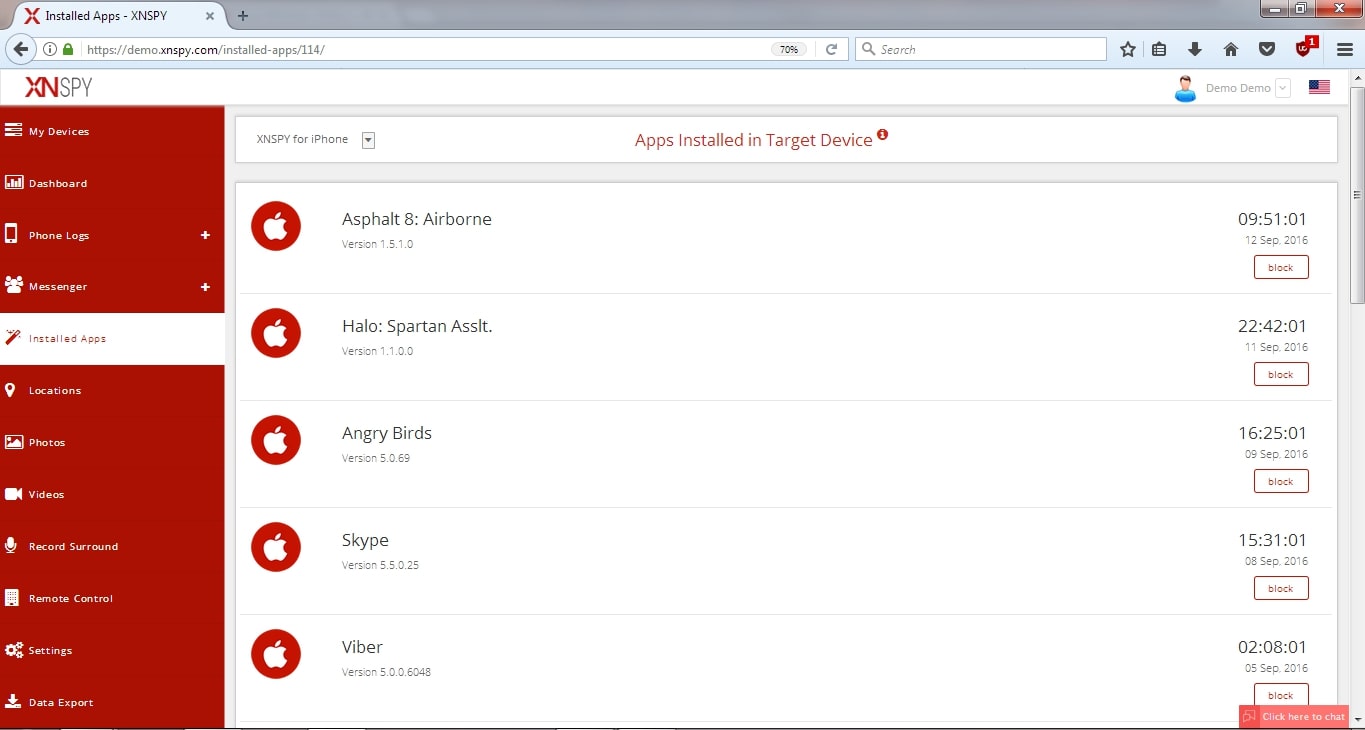 XNSPY demo spy software - installed apps