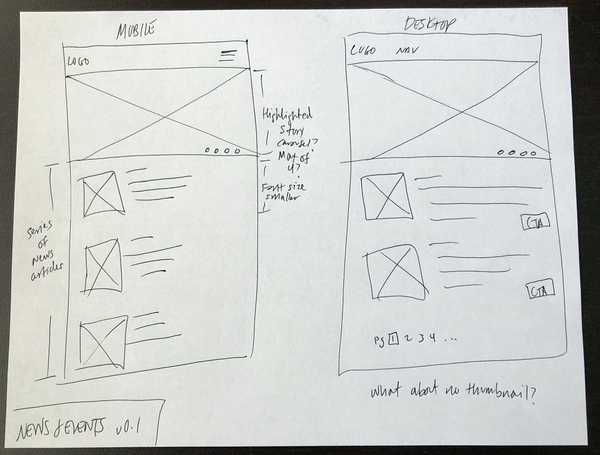 Early wireframe sketch of news and events landing page