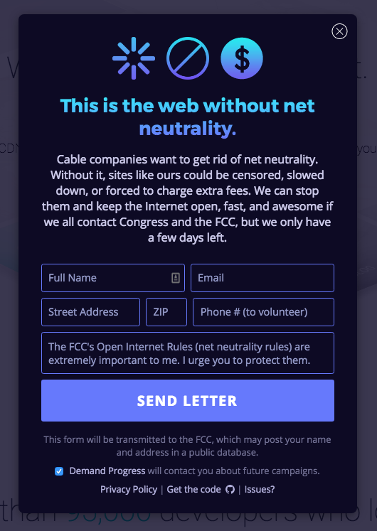 Alert overlay on netlify.com, with call to action and government contact form
