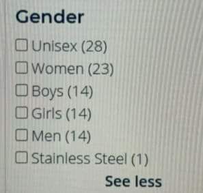 A photo of a website shopping form with a field for "Gender" and checkboxes for "Unisex (28)", "Women (23)", "Boys (14)", "Girls (14)", "Men (14)", "Stainless Steel (1)"