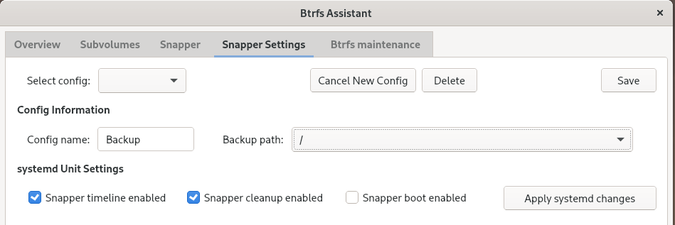 Configurações do ponto de montagem da Btrfs Assistant