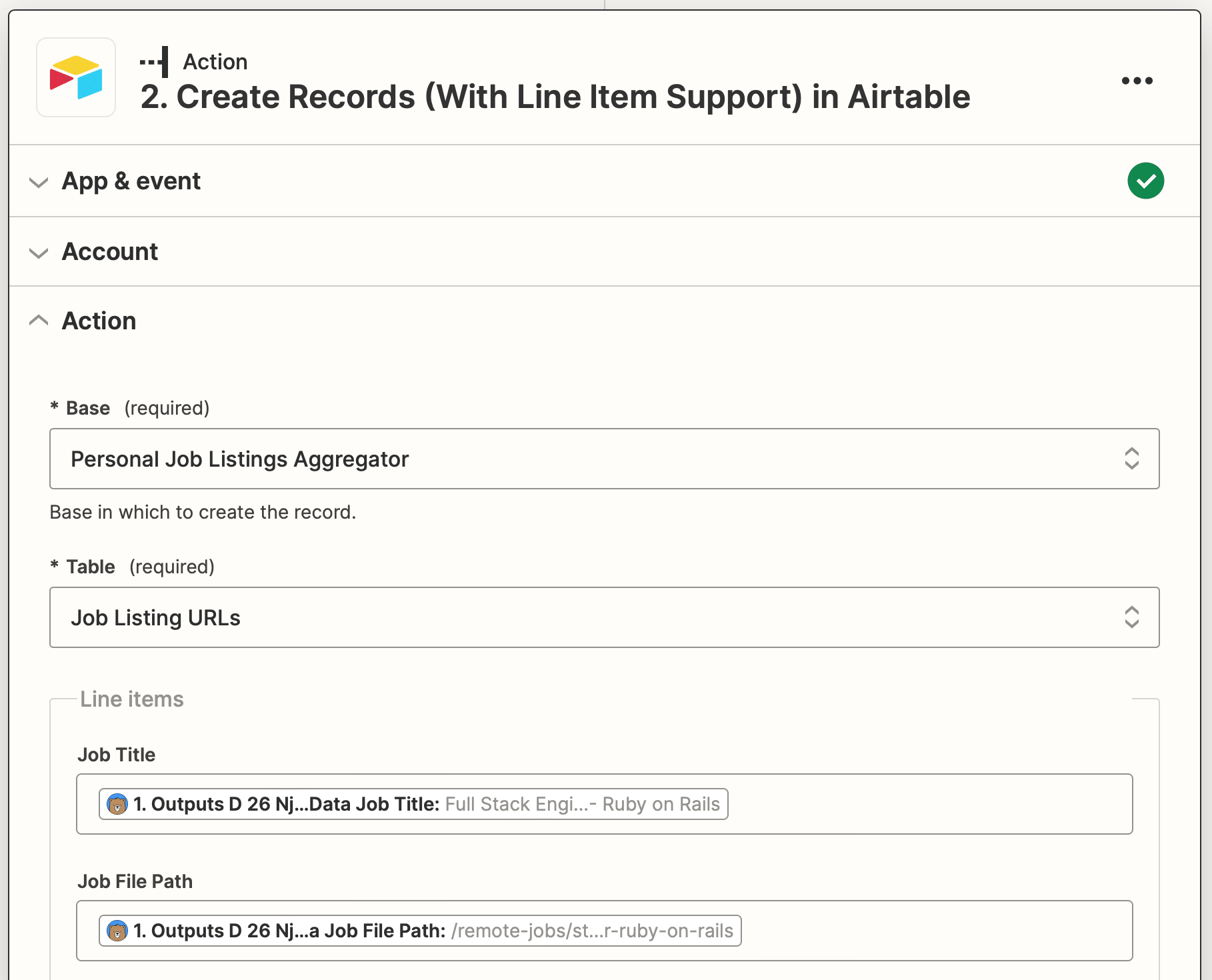 Screenshot of Zapier Airtable create records with line item support action setup