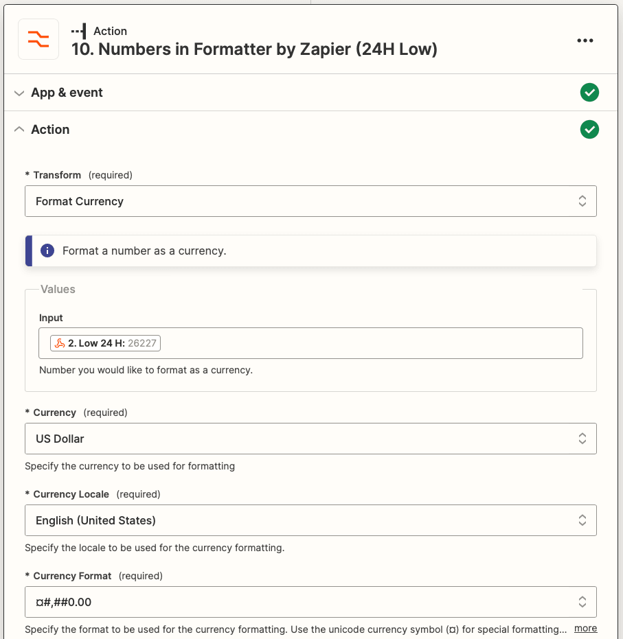 Screenshot of Zapier Formatter by Zapier Numbers action (24H Low)