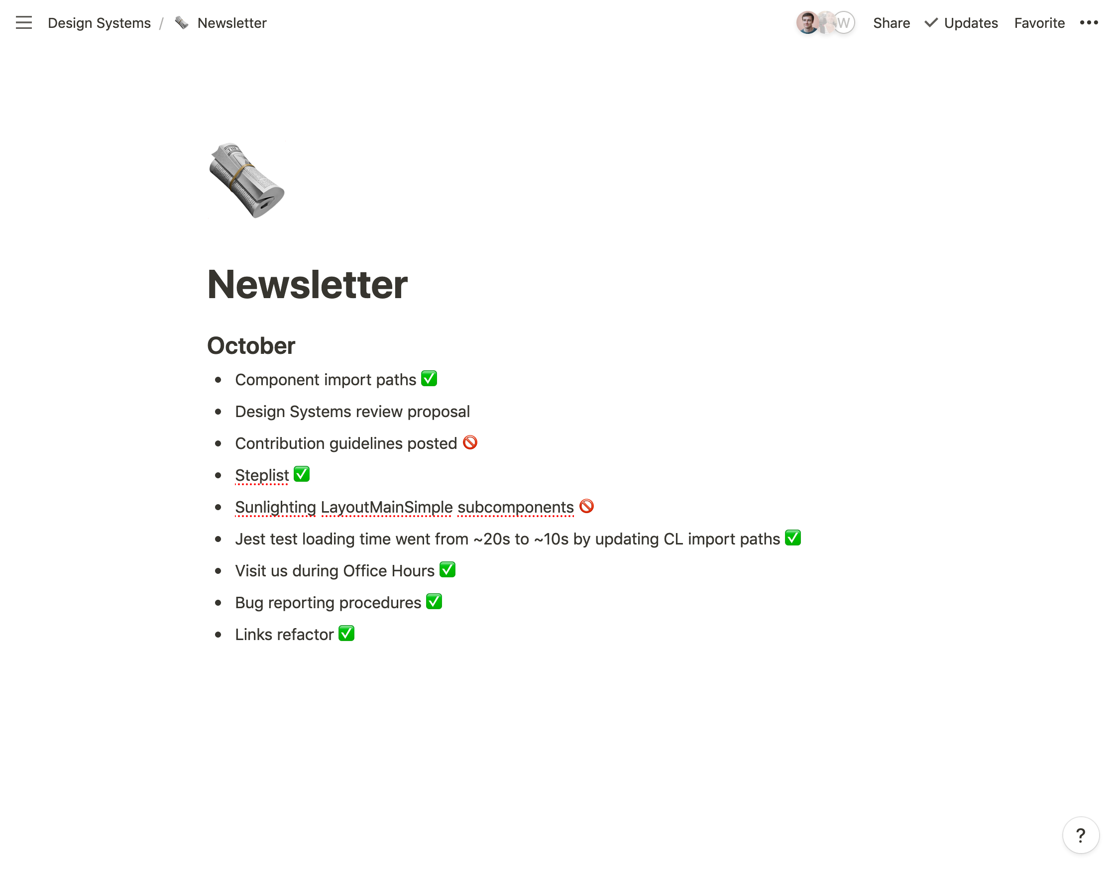 The Notion app with our notes for the newsletter