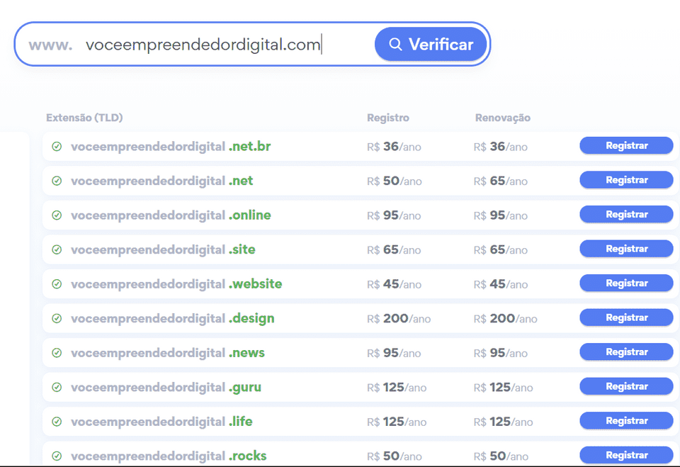Verificação de domínios disponíveis