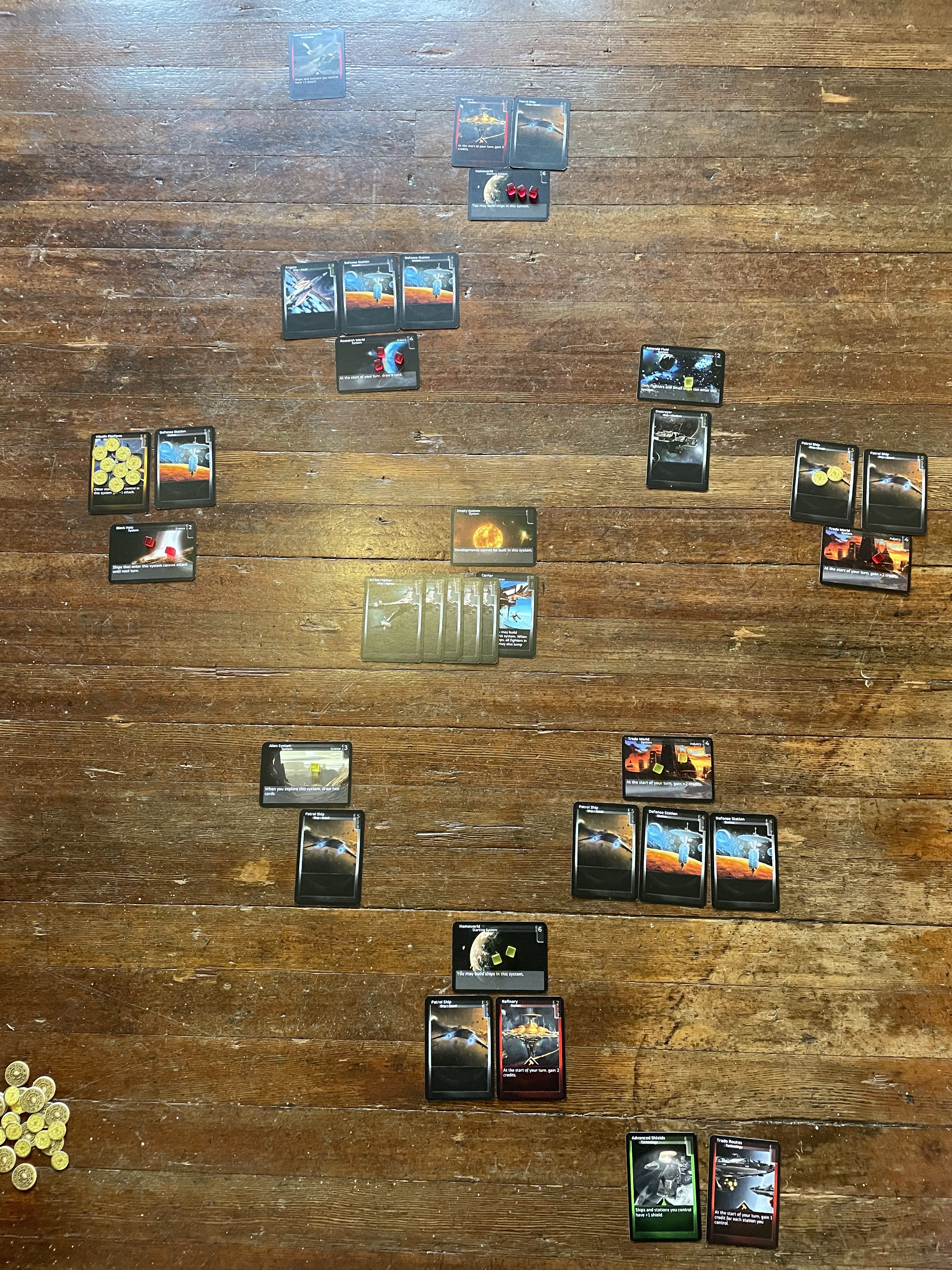 High level view of the game board. All of the system cards are now face up, with ships and stations placed around them.