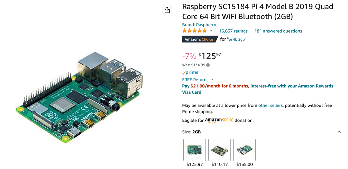 Raspberry Pi 4B listed on Amazon for $125.97