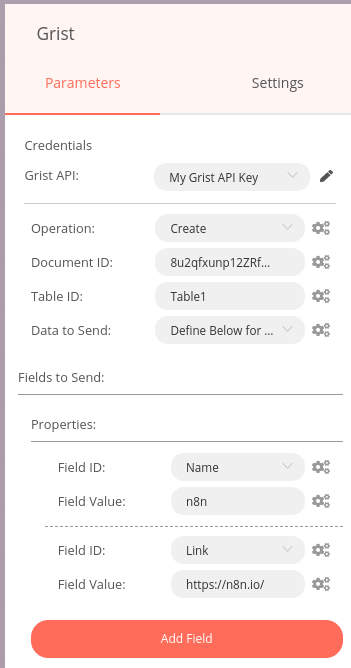 Using the Grist node to insert data into an Grist table