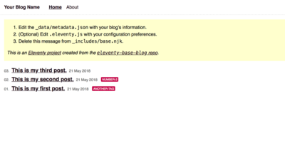 Screenshot of a page created with Eleventy base blog template