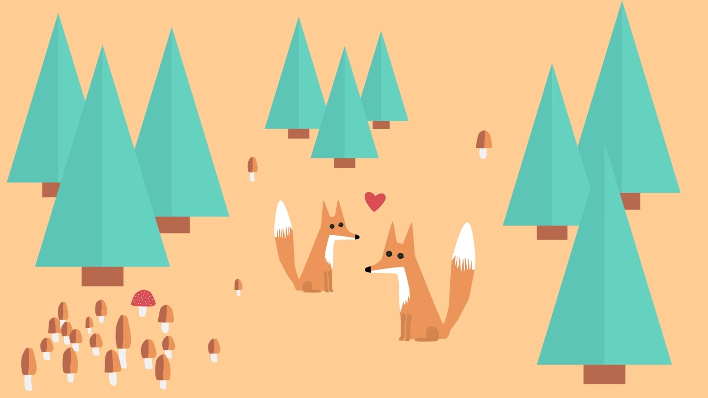 Illustration von zwei verliebten Füchsen im Wald