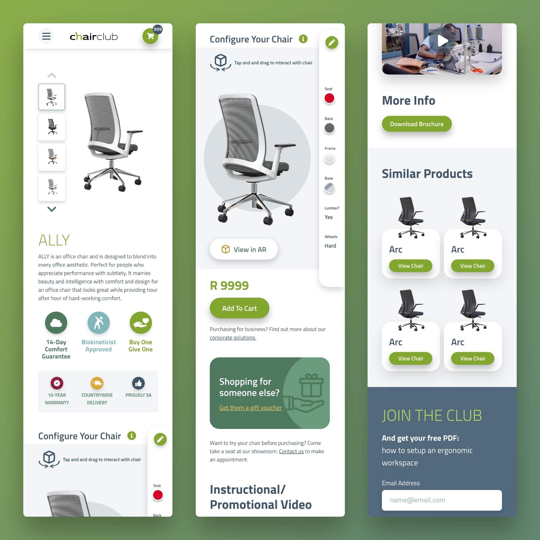 chairclub website mobile view of chair customizer