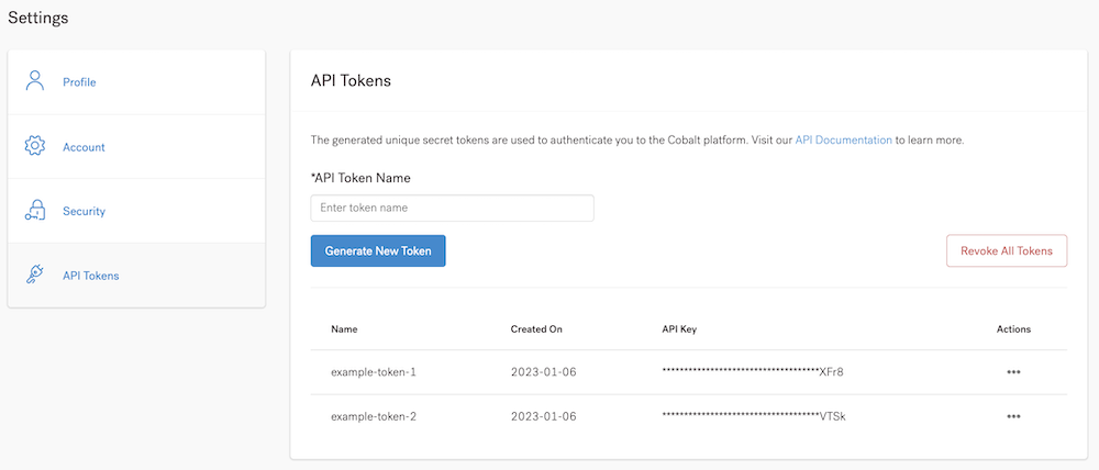 Create and manage API tokens to work with the Cobalt API