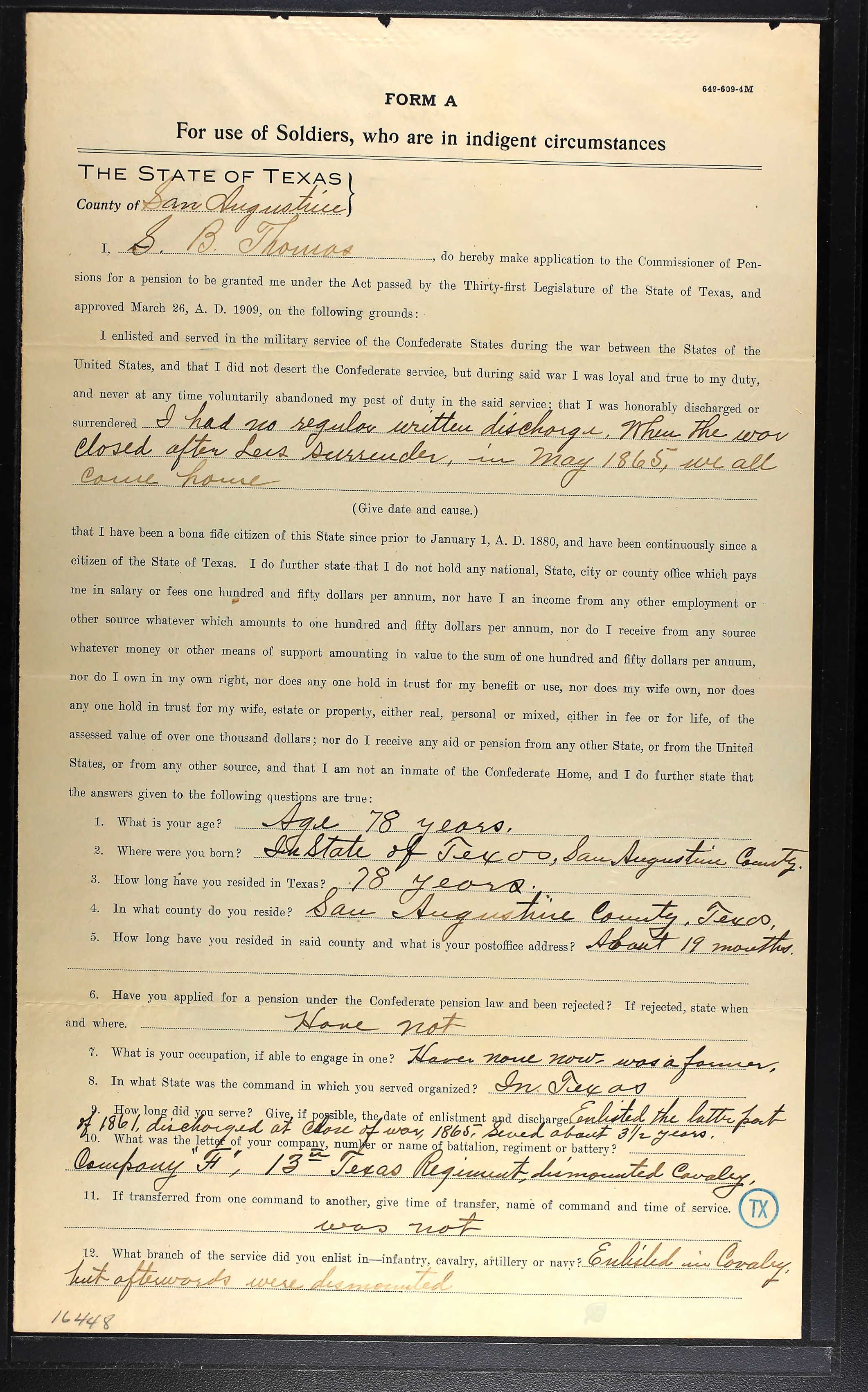 Samuel Brown Thomas's civil war pension application.