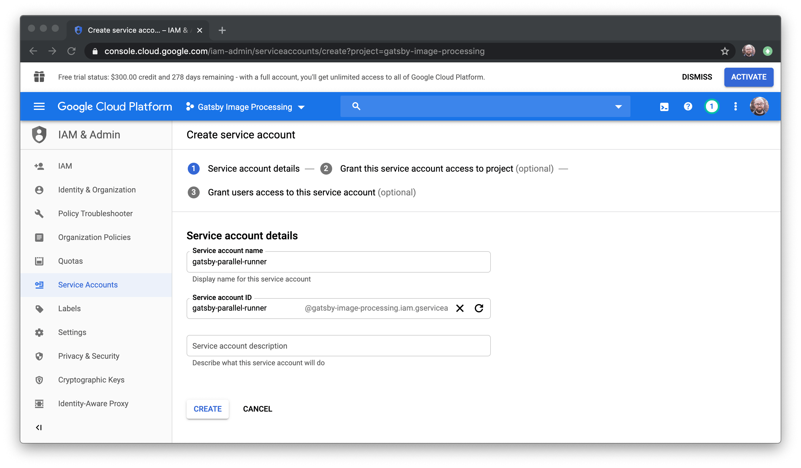 The create service account page in Google Cloud.